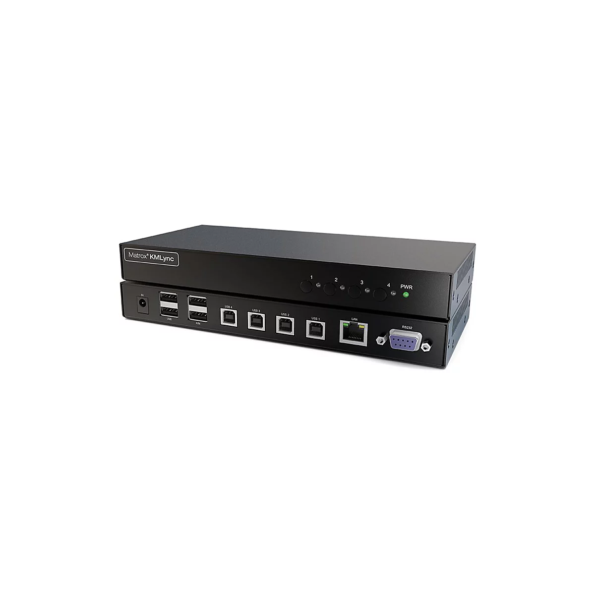 Matrox KMLync Switch mit schwarzem Gehäuse, USB-Anschlüssen, LAN-Port und RS232-Schnittstelle.