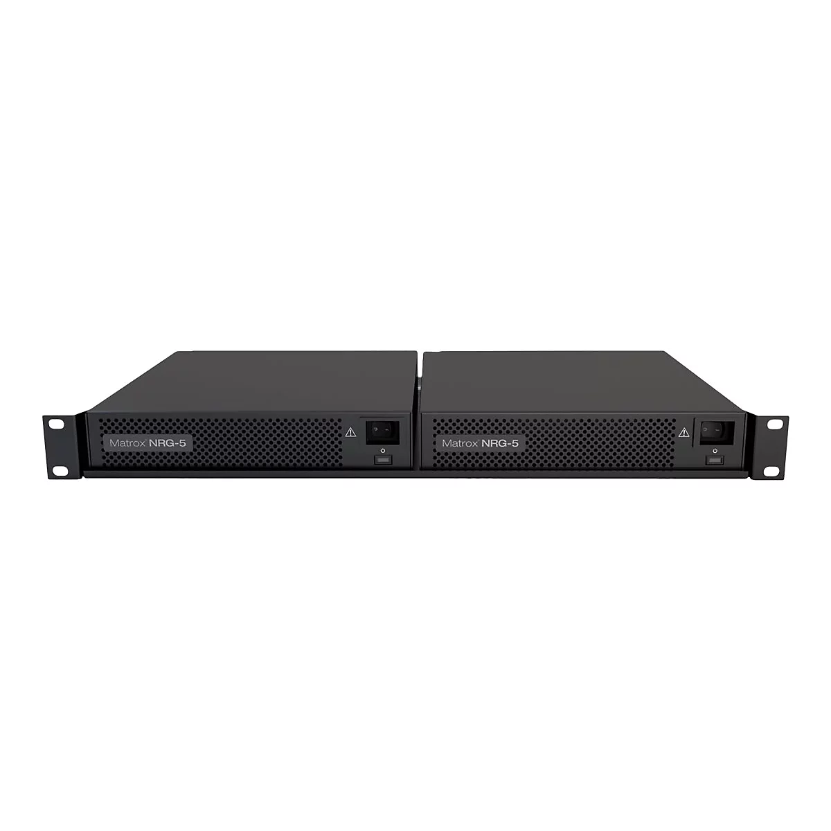Zwei schwarze Matrox NRG-5 Rack-Einheiten nebeneinander vor weißem Hintergrund.