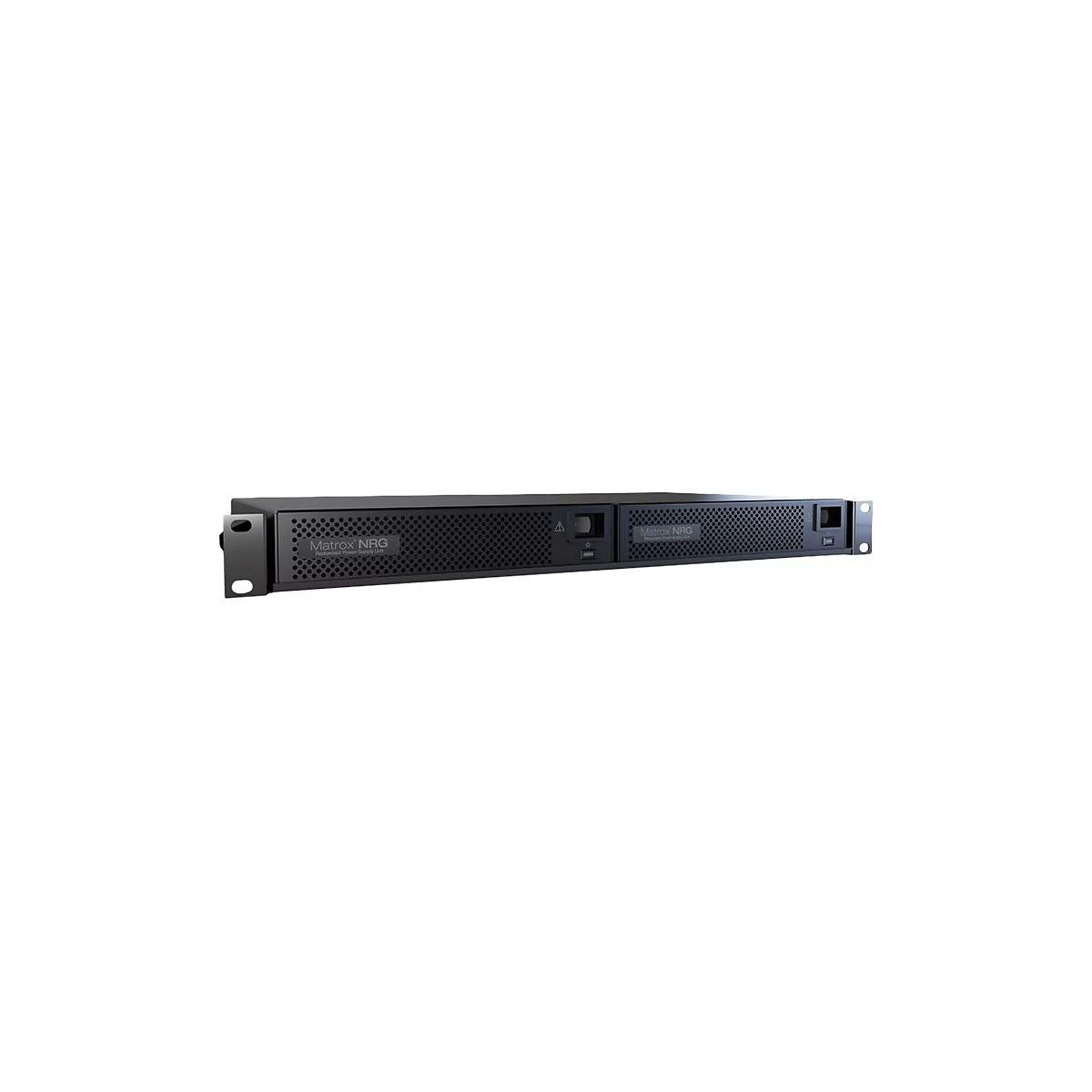 Matrox NRG redundantes Netzteil in einem schwarzen 19-Zoll Rack-Gehäuse mit perforierter Front.