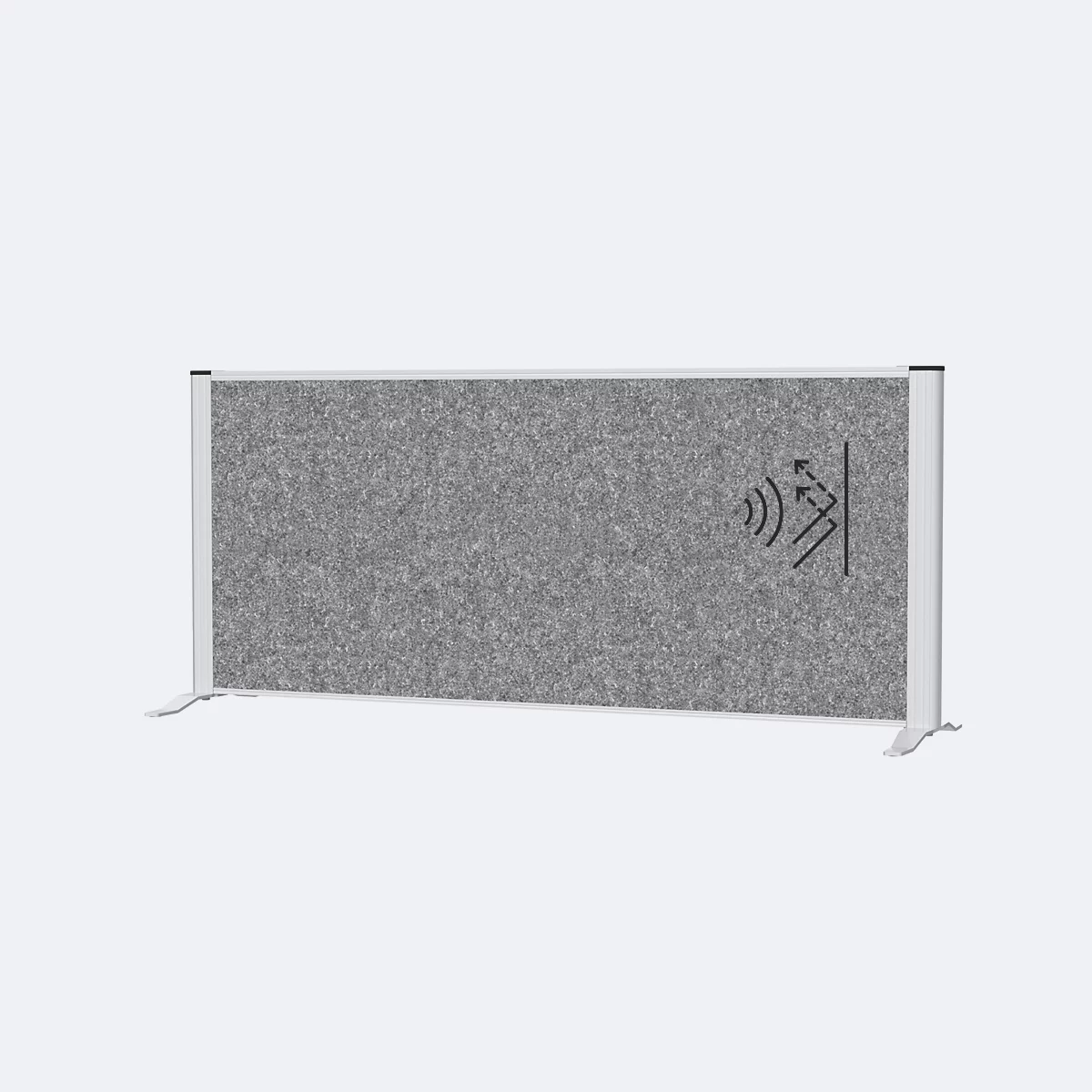 Grijze vilt scheidingswand met wit frame en geïntegreerd NFC-symbool, rechtopstaand.