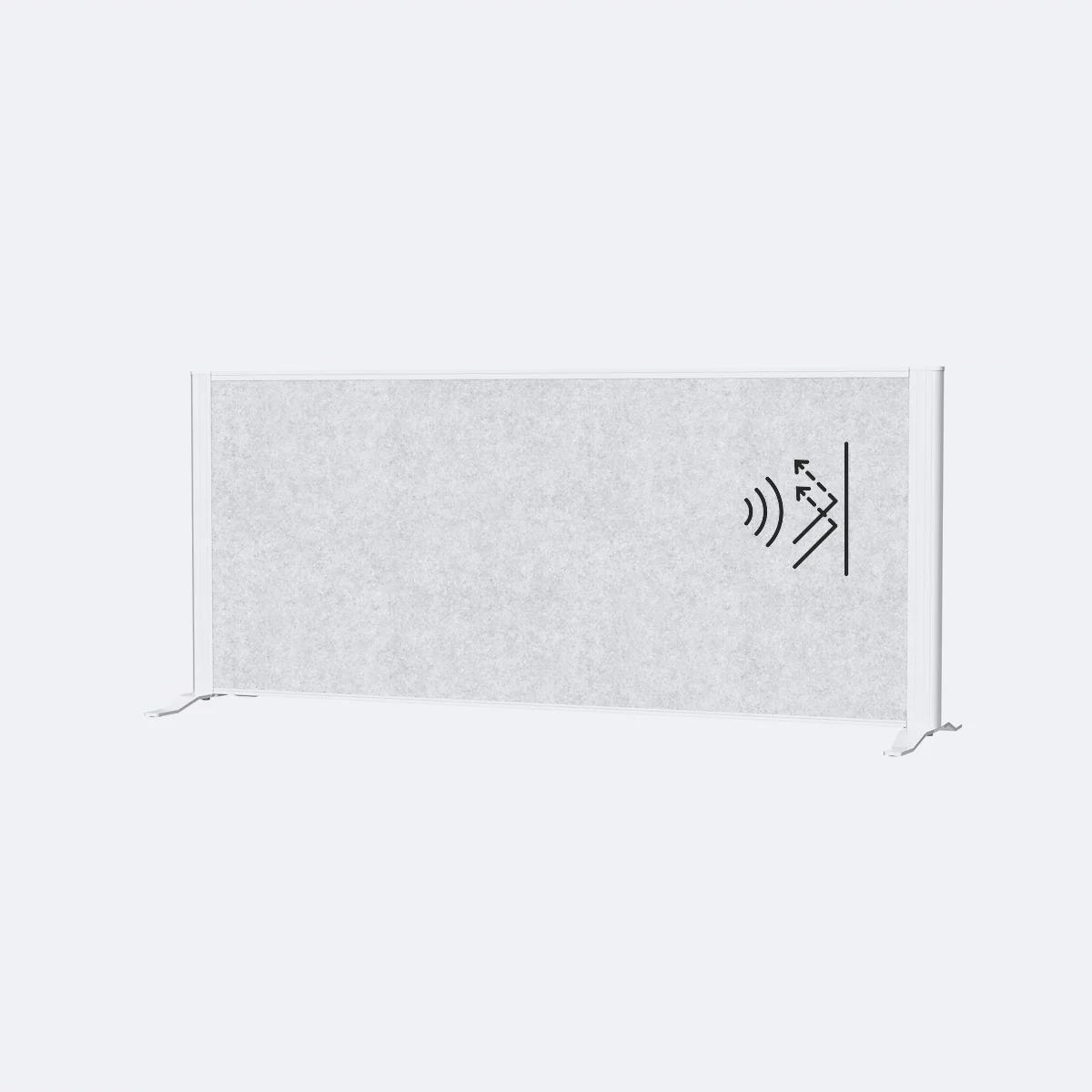 Grijze geluiddichte gordijn, symbool voor geluidsabsorptie erachter. Lichte omgeving, rechthoekig, op steunen.