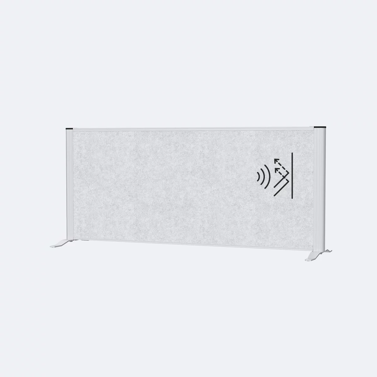 Grijze scheidingswand met symbool voor geluidsabsorptie. Lichte poten en zwarte frame-onderdelen, geïsoleerd op een lichte achtergrond.