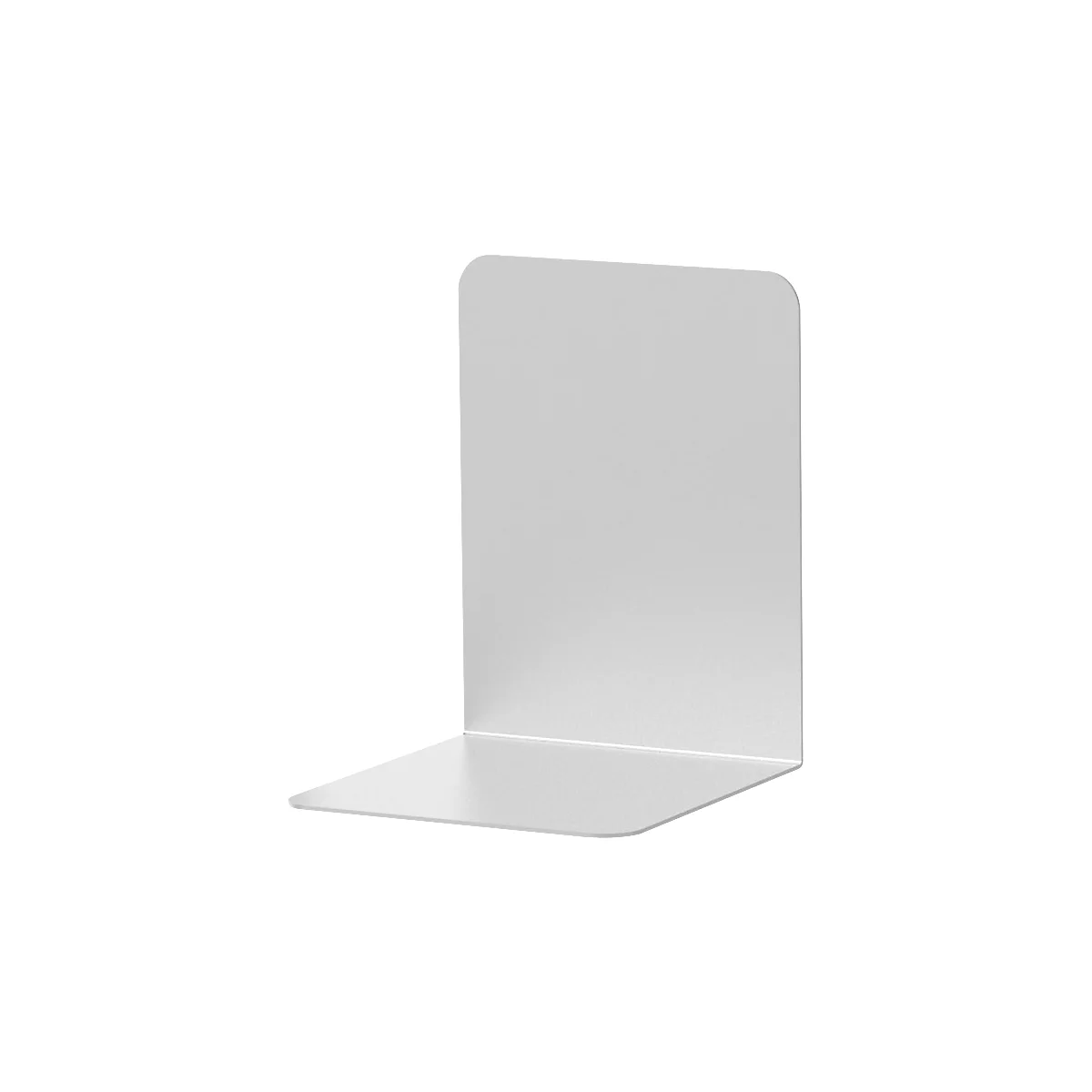 A single, gray metal bookend with rounded corners, set against a white background.