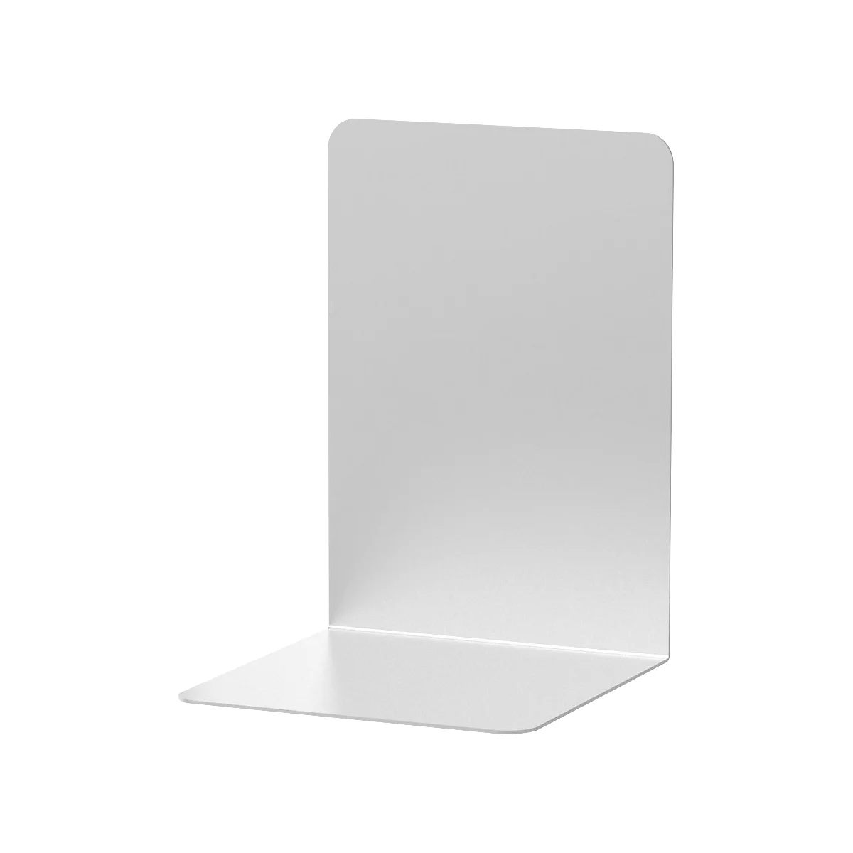 White, minimalistic metal bookend with rounded corners.