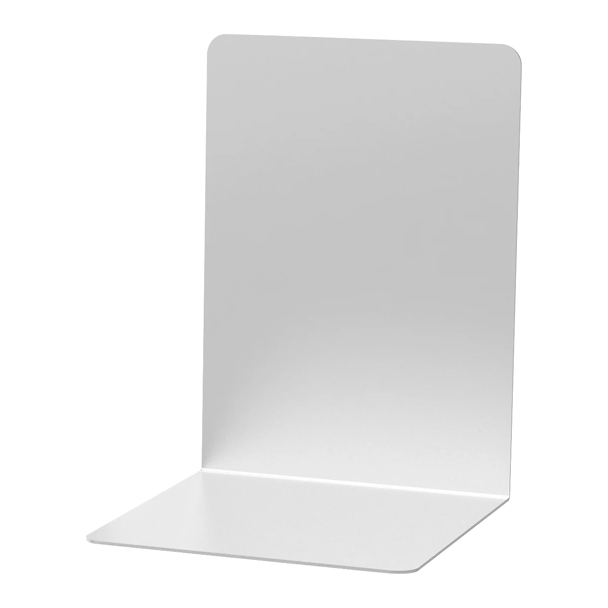 White, L-shaped bookend made of metal, rounded corners.
