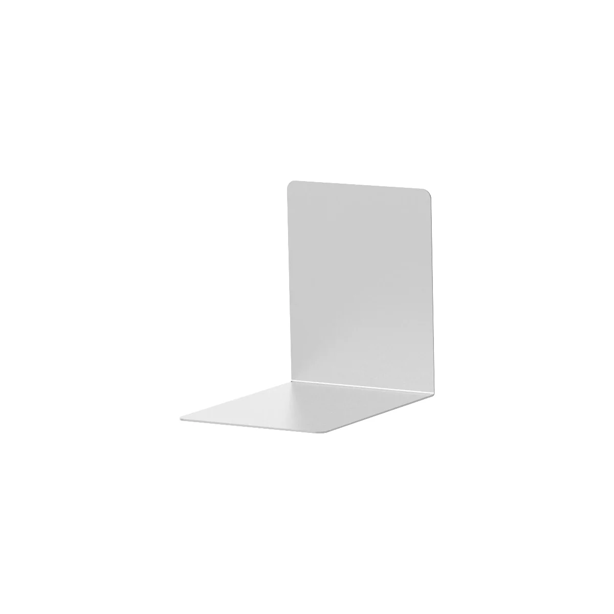 A white, L-shaped bookend against a bright background. It stands on a flat base and has a vertical plate.