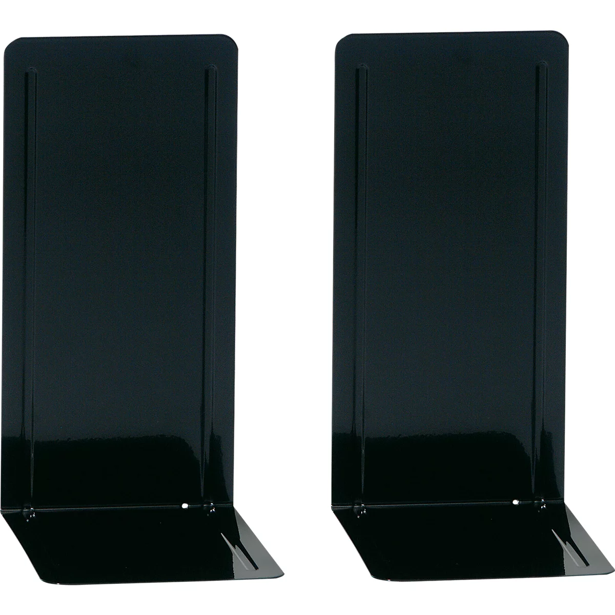 Two black, angular metal bookends against a white background.