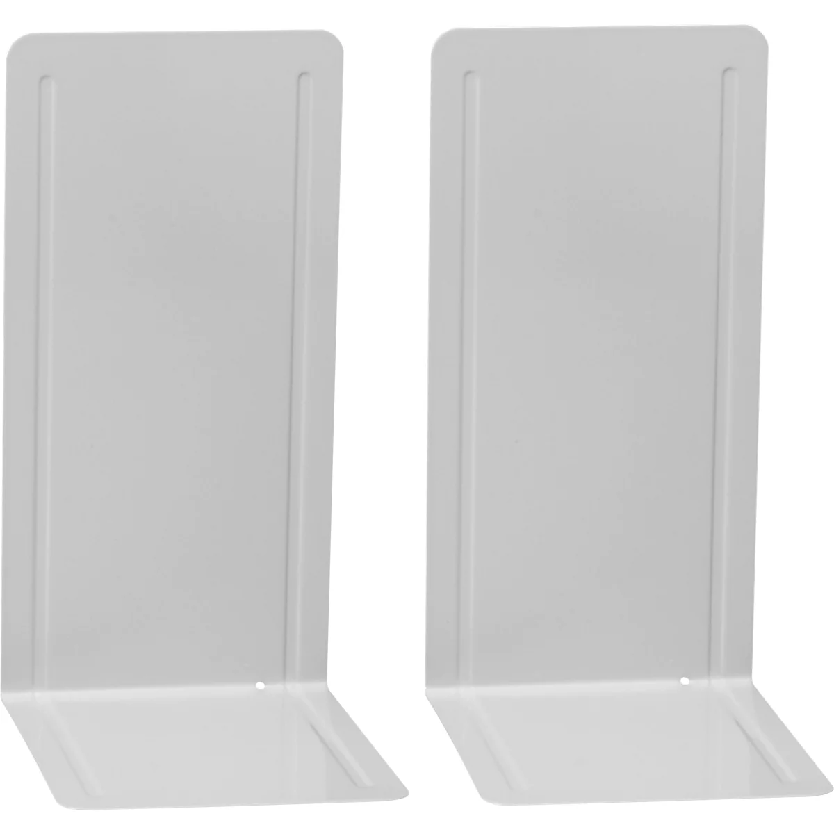 Two white bookends at an angle, made of metal.