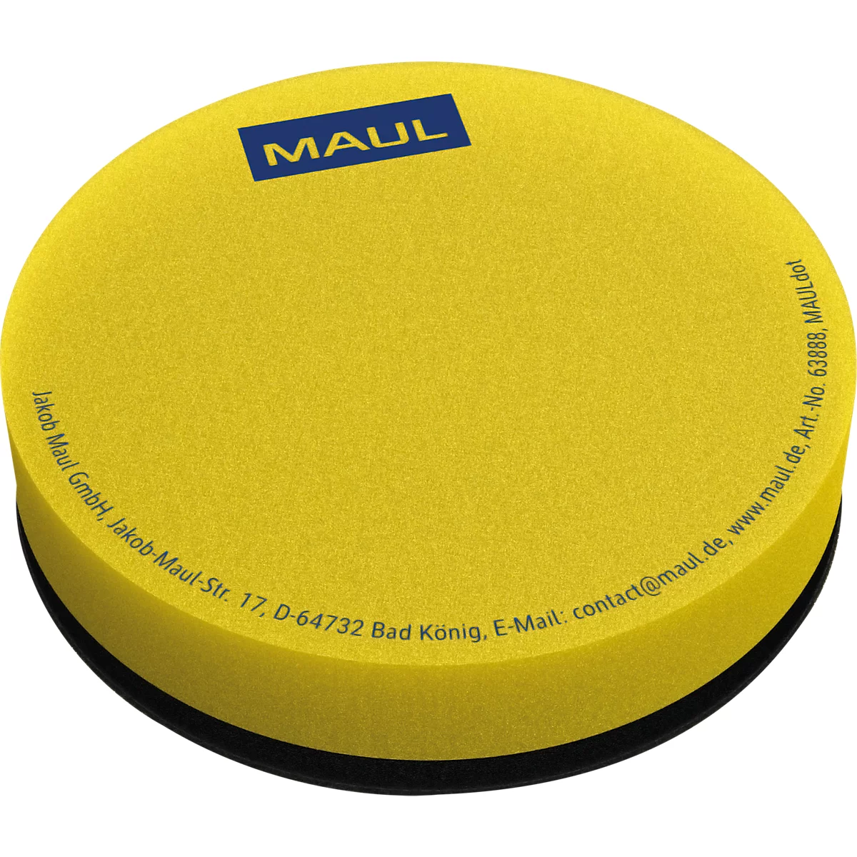 Ronde, gele magneet met blauw Maul-logo en bedrukte tekst aan de rand op een witte achtergrond.