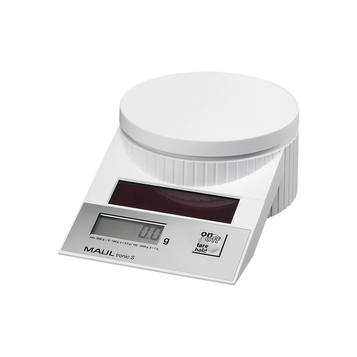 MAUL Briefwaage MAULtronic S, bis 2000 g, Display, Solarbetrieben, Abschaltautomatik, Ein-Tasten-Bedienung, Hold-Funktion, weiss