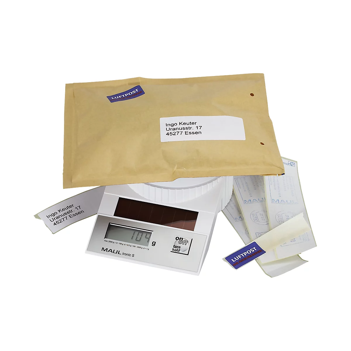 MAUL Briefwaage MAULtronic S, bis 2000 g, Display, Solarbetrieben, Abschaltautomatik, Ein-Tasten-Bedienung, Hold-Funktion, weiss