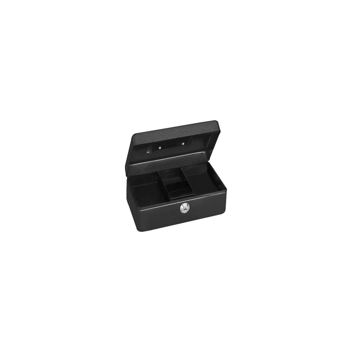 Black open cash box with three compartments.