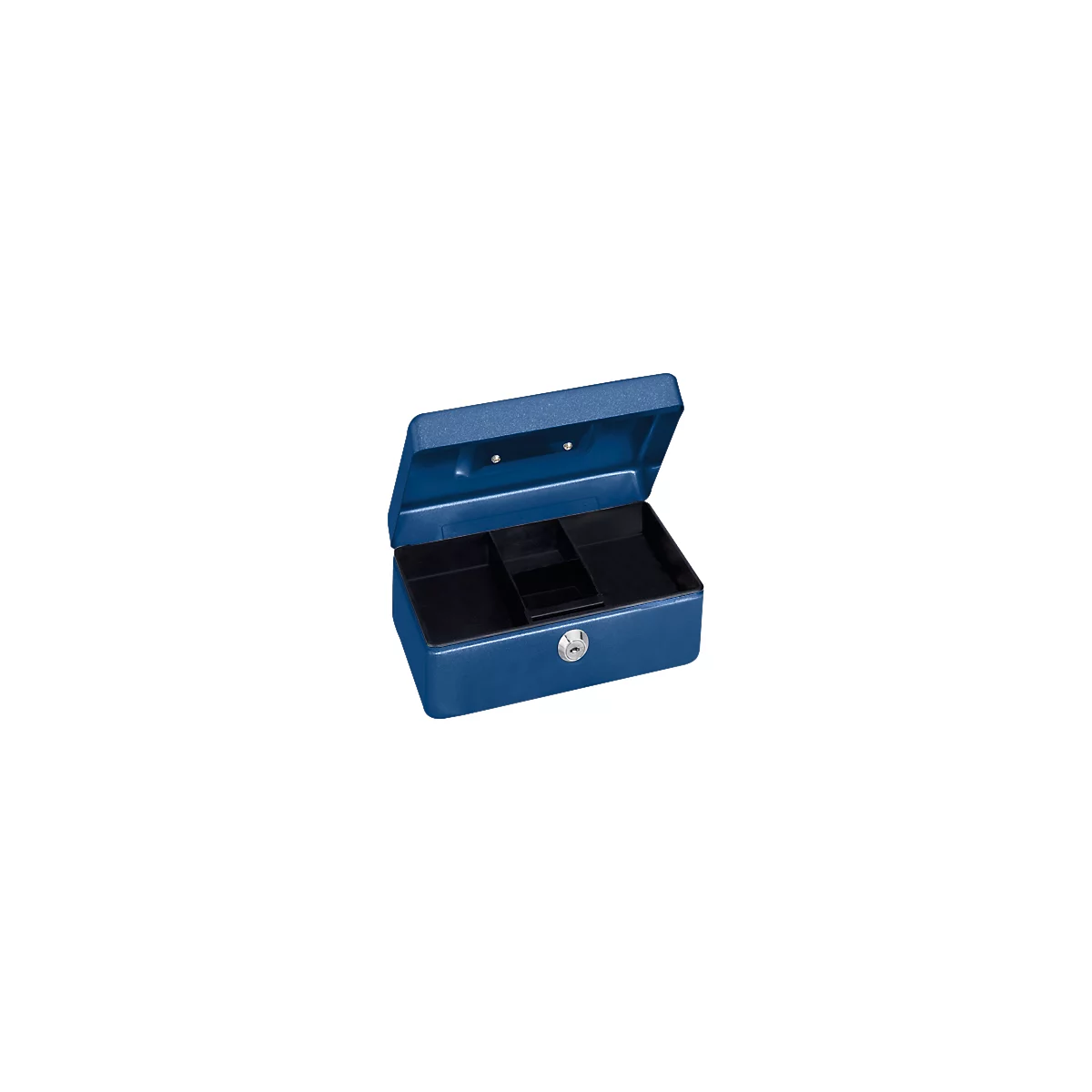 Open blue cash box with compartments. View inside: black dividers and silver lock.