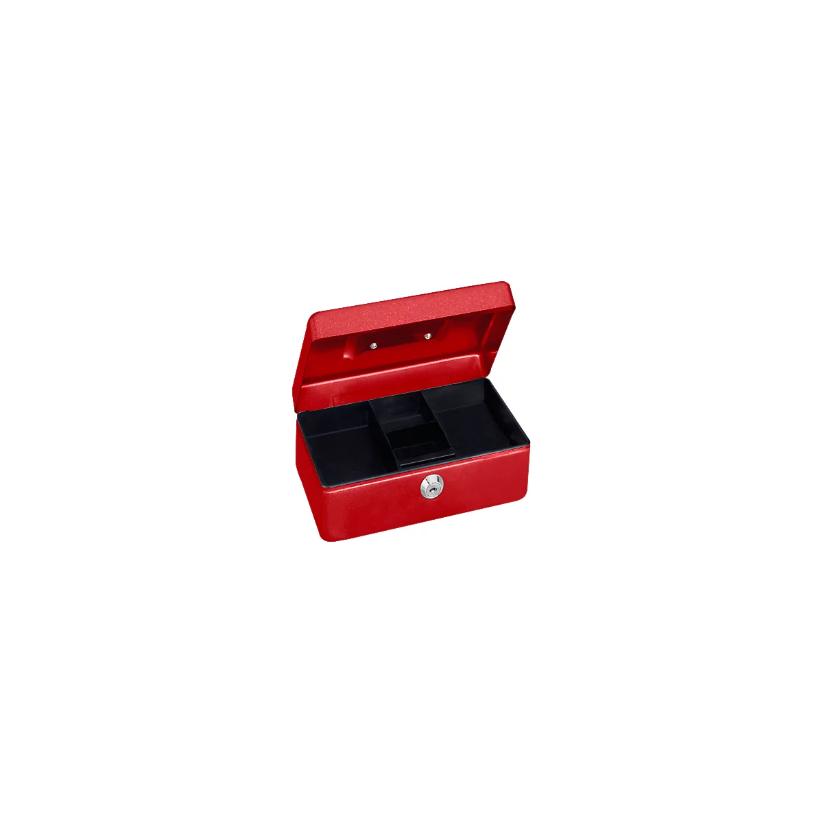 Opened red cash box with black interior and insert.