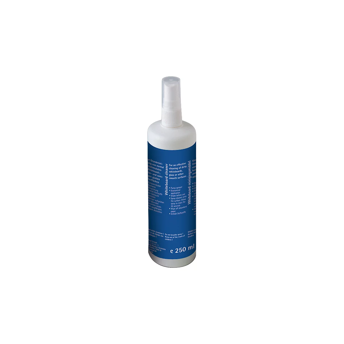 Whiteboard cleaner bottle with spray head, blue and white label. Inscription: 250 ml.