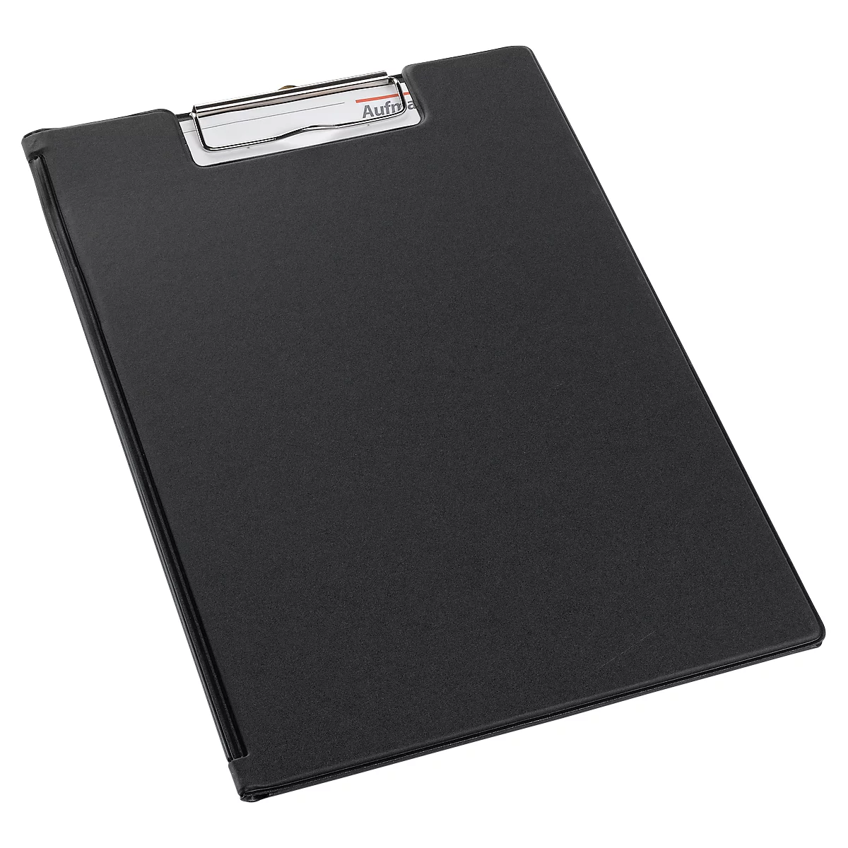 Black clipboard with silver clip. The clip reads "Auftr".