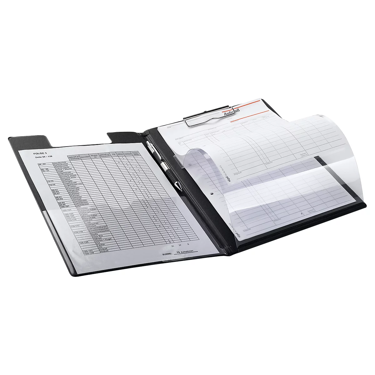Black clipboard with open pages filled with tables. On the right side a transparent cover.