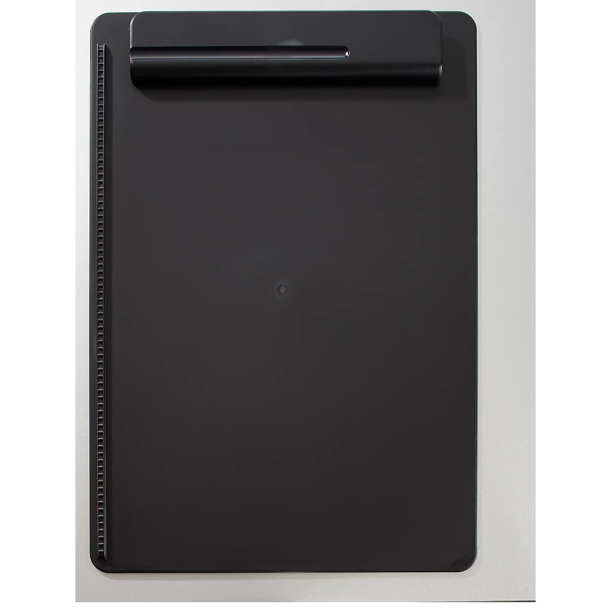 Black clipboard with silver border and clip.