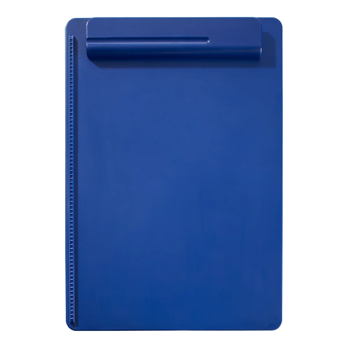 Blue plastic clipboard with a clip on the top and a side clip.