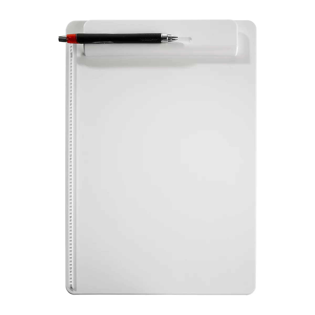 White clipboard with pen. The pen is black with a red tip, fixed on the clipboard.
