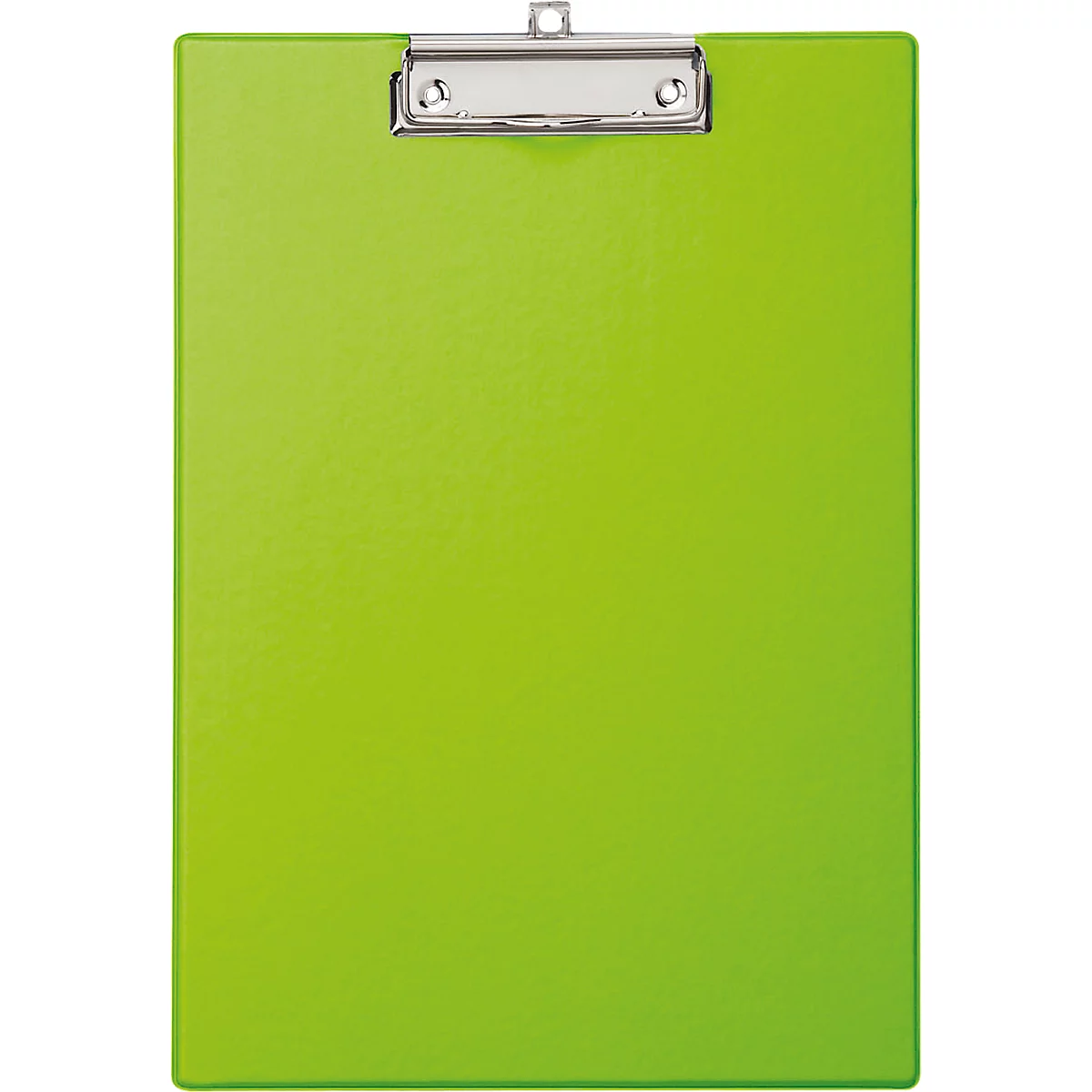 Green clipboard with metal clip.