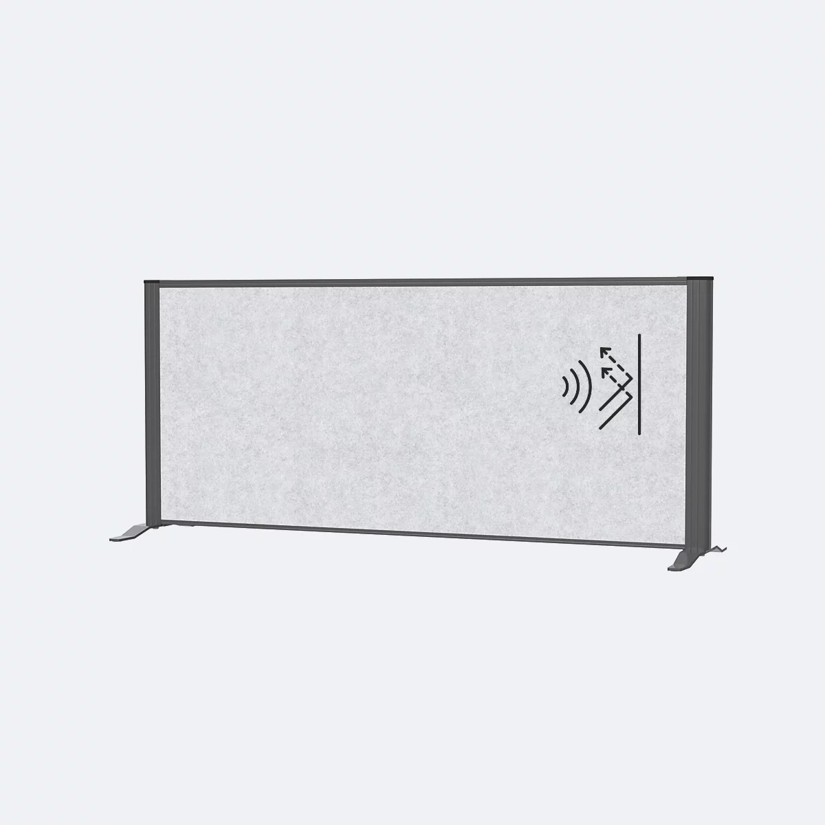 Panneau insonorisant gris. Cadre noir, avec symbole sonore. Debout sur pieds.