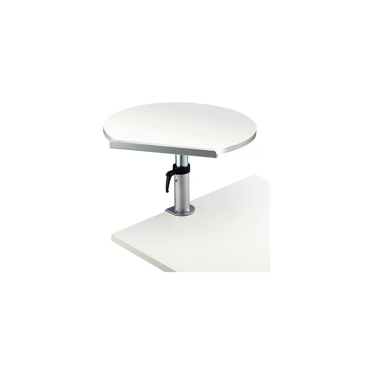 A white, semi-circular desk attachment with height adjustment, attached to a white desk.