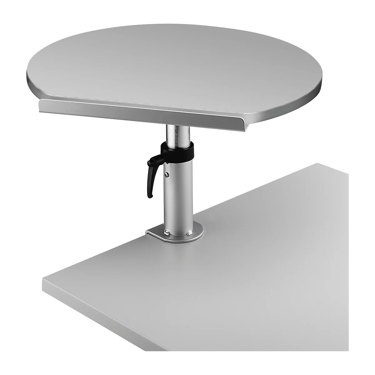 A silver, semi-circular table attachment with adjustable column base, attached to a square table.