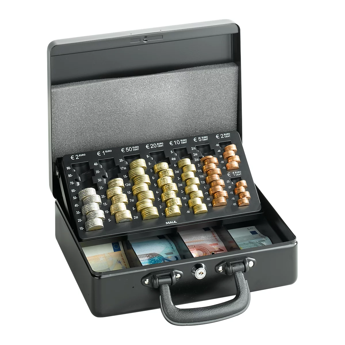 Opened black cash box with coin slots and banknotes.