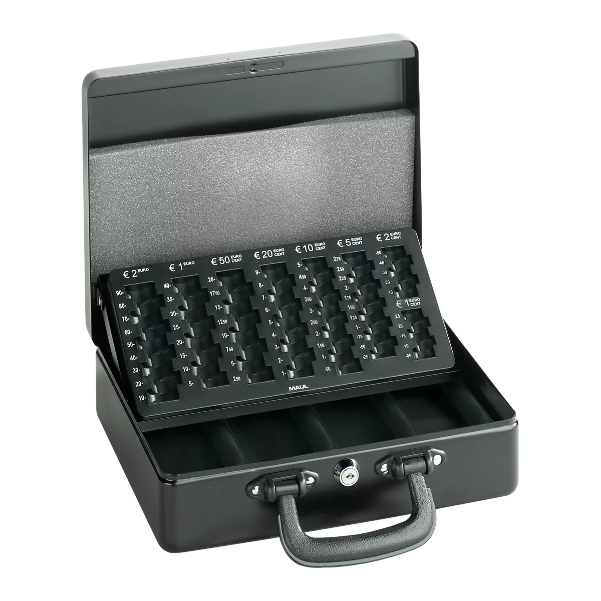 Black cash box with coin compartments for Euro coins and a handle.
