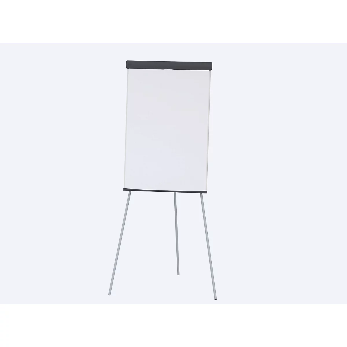 Ein Flipchart mit weißem Papier auf einem Dreibein-Ständer, grauer Hintergrund.