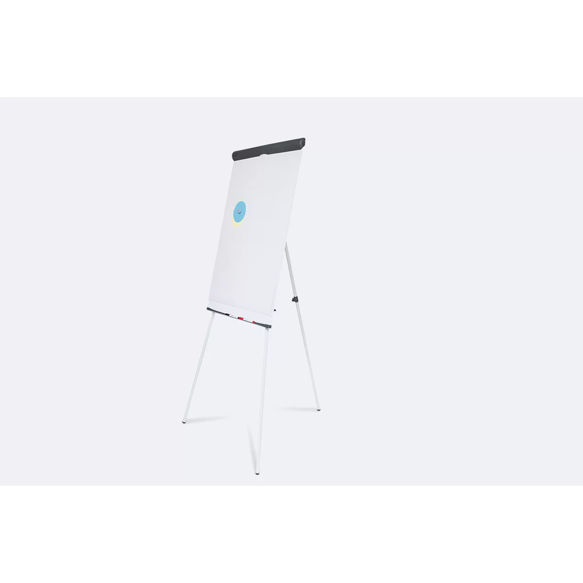 Ein weißes Flipchart auf einem weißen Dreibein-Ständer, ein blauer Punkt darauf. Schwarz am oberen Rand.