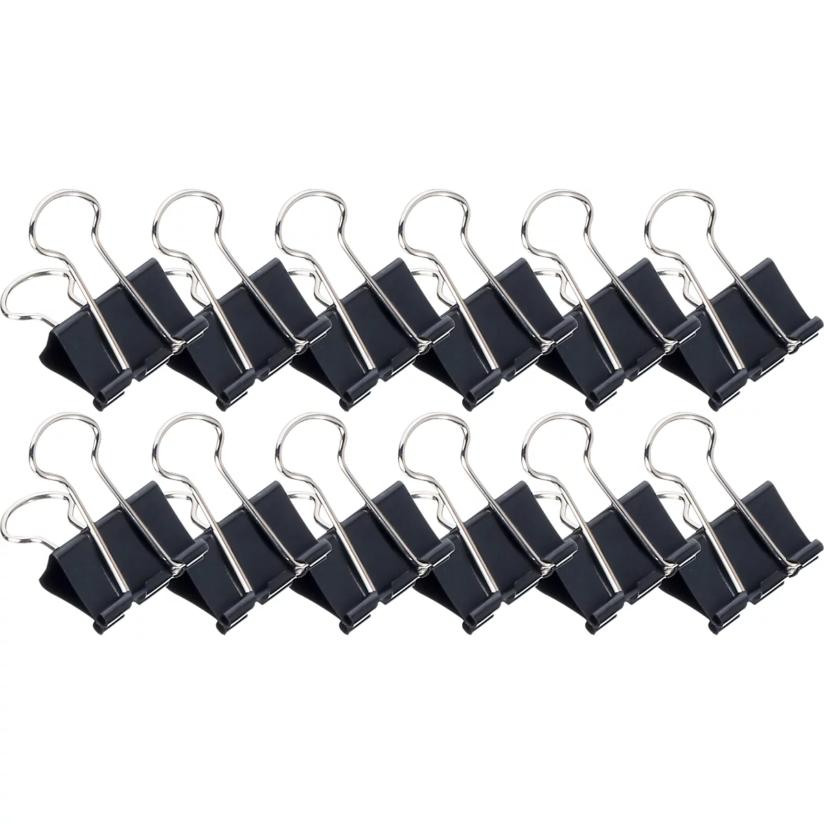 Close-up of black binder clips with silver handles on a white background.