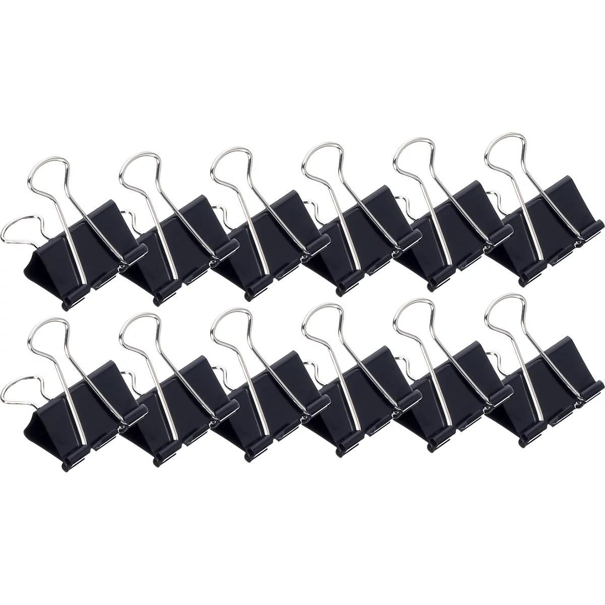 Black and silver binder clips, arranged in two rows.