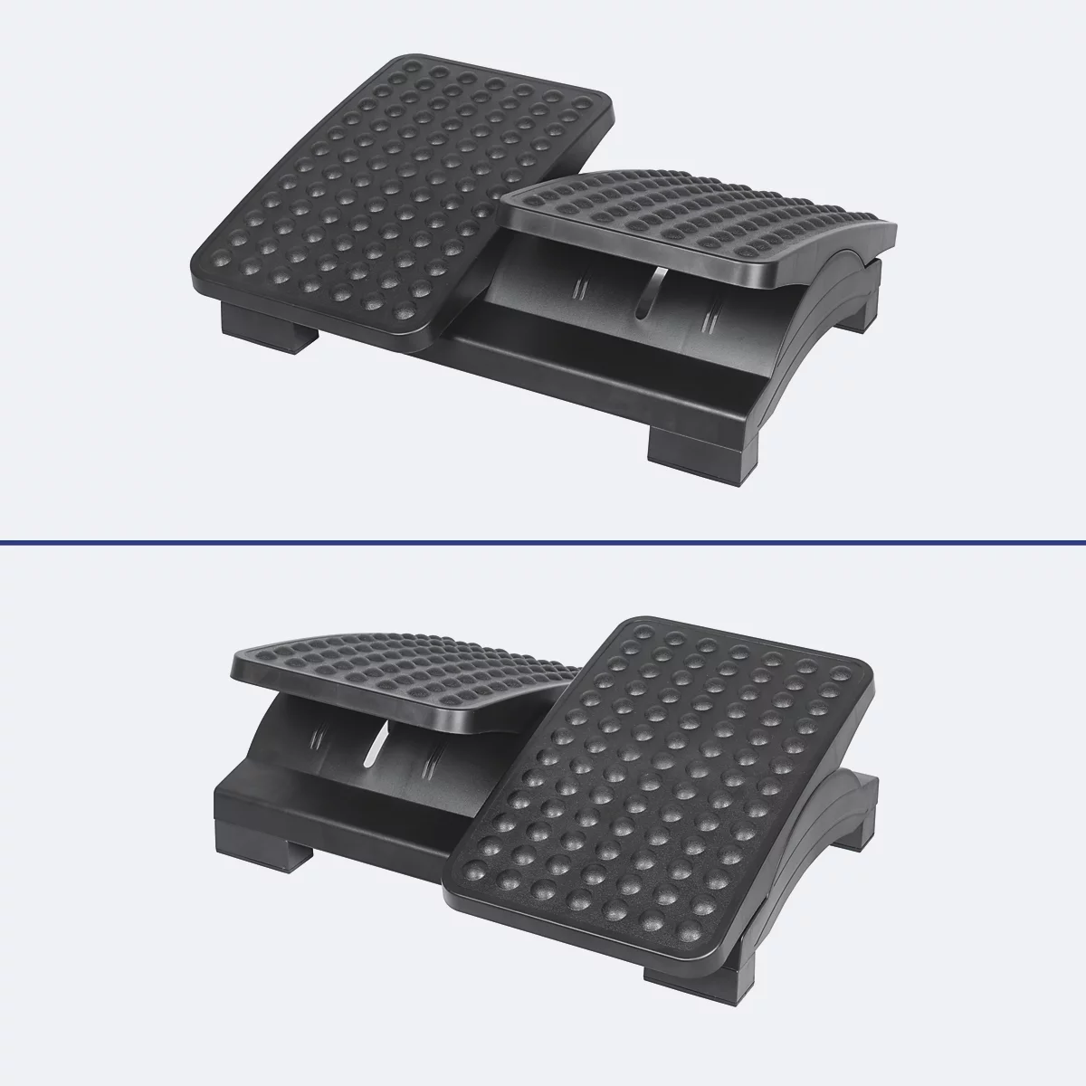 Zwei Ansichten einer ergonomischen, schwarzen Fußstütze mit genoppter Oberfläche vor neutralem Hintergrund.