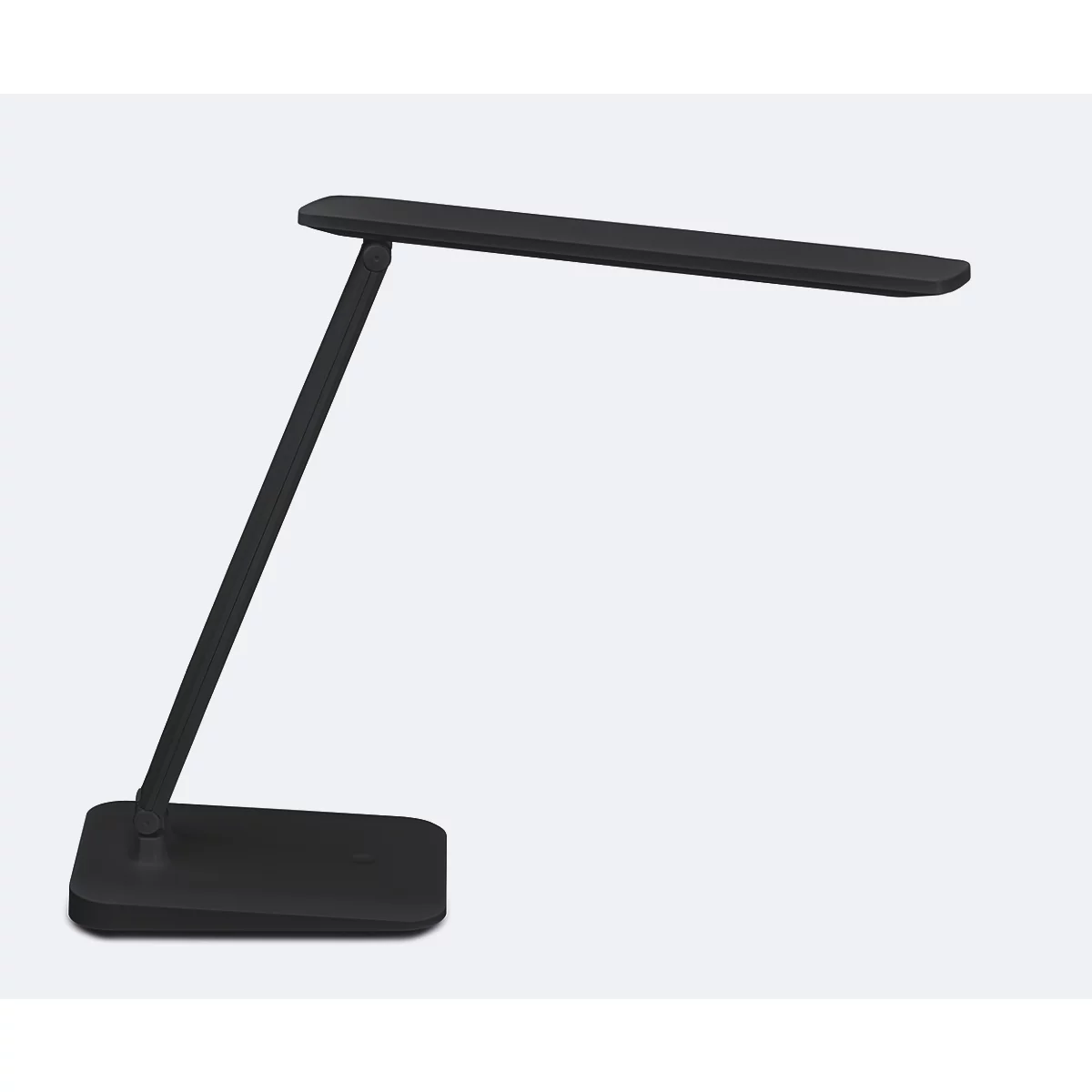 Lampe de bureau LED noire, base rectangulaire, long bras incliné et tête de lampe rectangulaire.