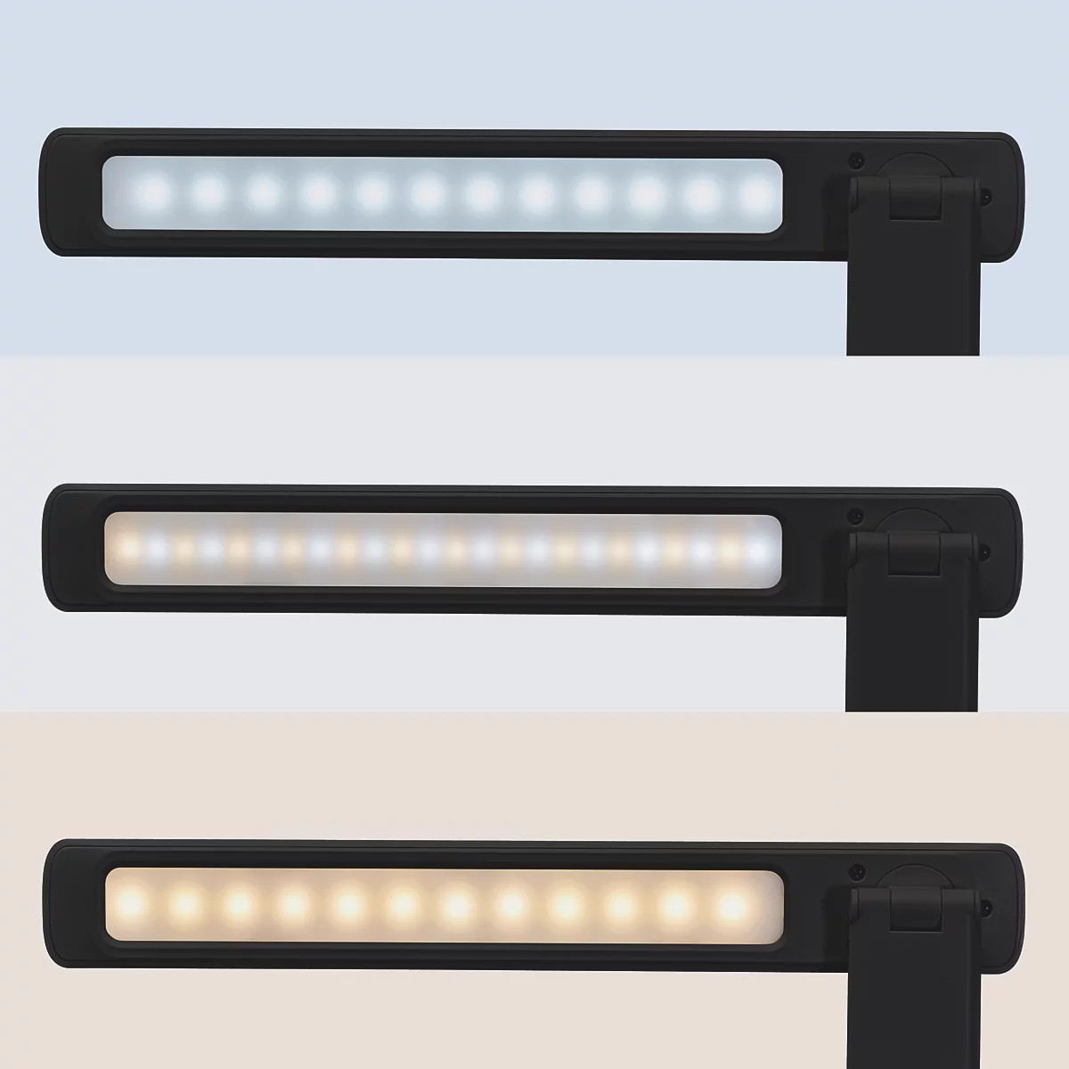 Gros plan d'une lampe de bureau LED noire avec des LED lumineuses. La lumière est allumée, le cadre est indiqué.