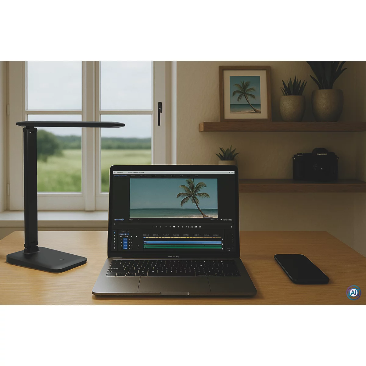 Gros plan d'une lampe de bureau LED noire avec une lumière blanche chaude allumée. Le luminaire est oblong et angulaire.