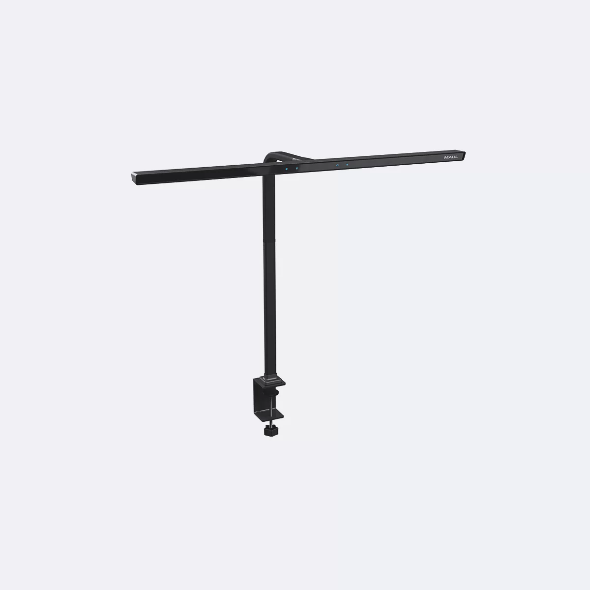 Une lampe à pince noire avec un bras courbé et une tête de lampe cylindrique, fixée à un dispositif de serrage.