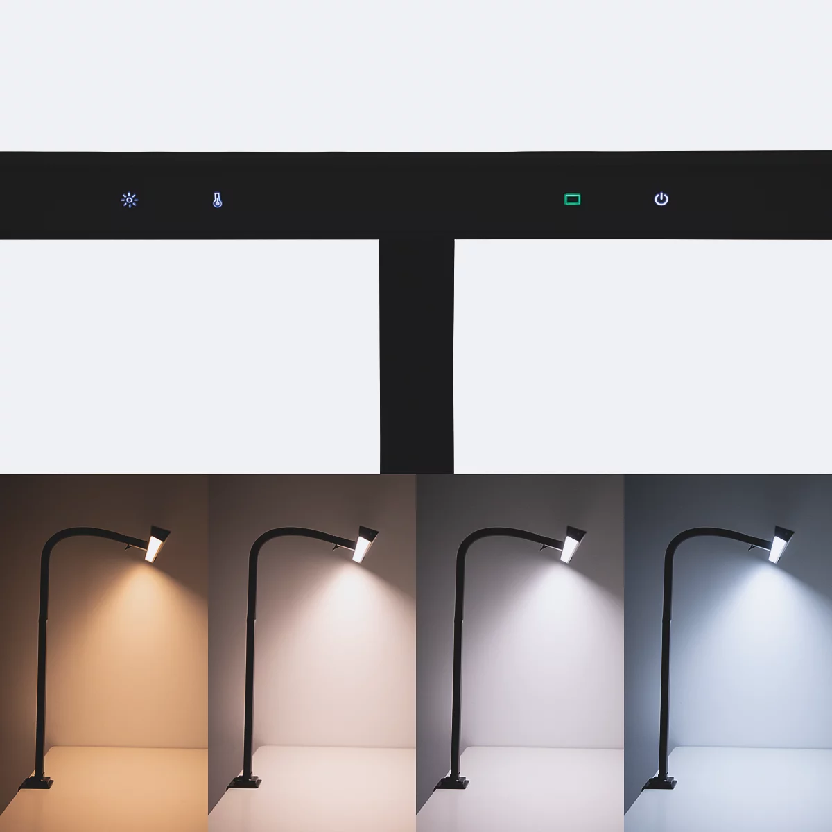 Lampe de bureau noire avec pince et panneau lumineux horizontal.