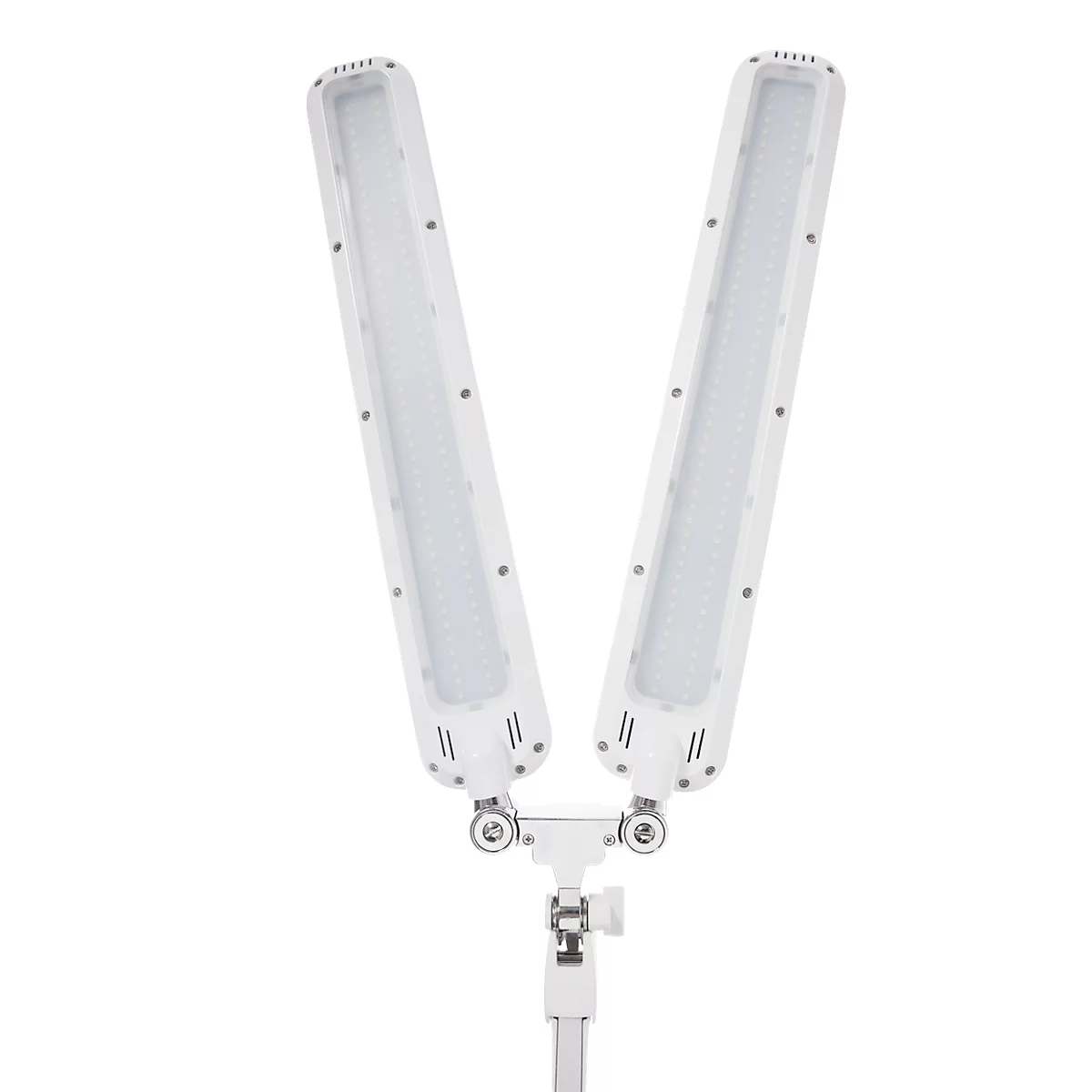 Twee witte LED-lampen vormen een V. Ze zijn bevestigd aan een houder en staan tegen een lichte achtergrond.