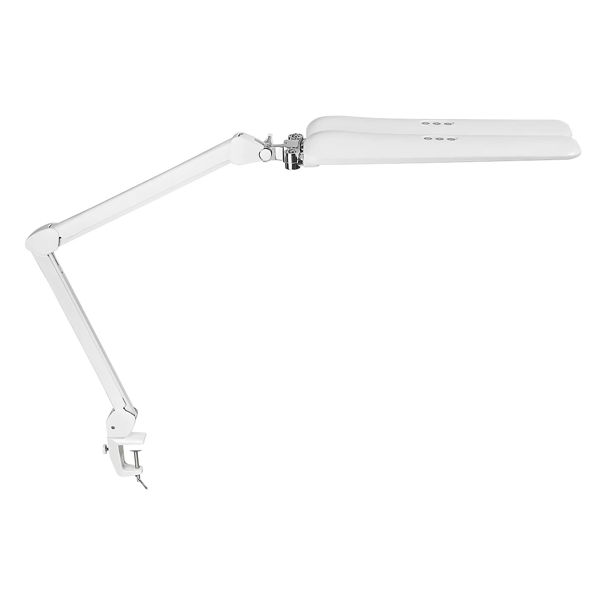 Weiße Schreibtischlampe mit flexiblem Arm und Klemmfuß.