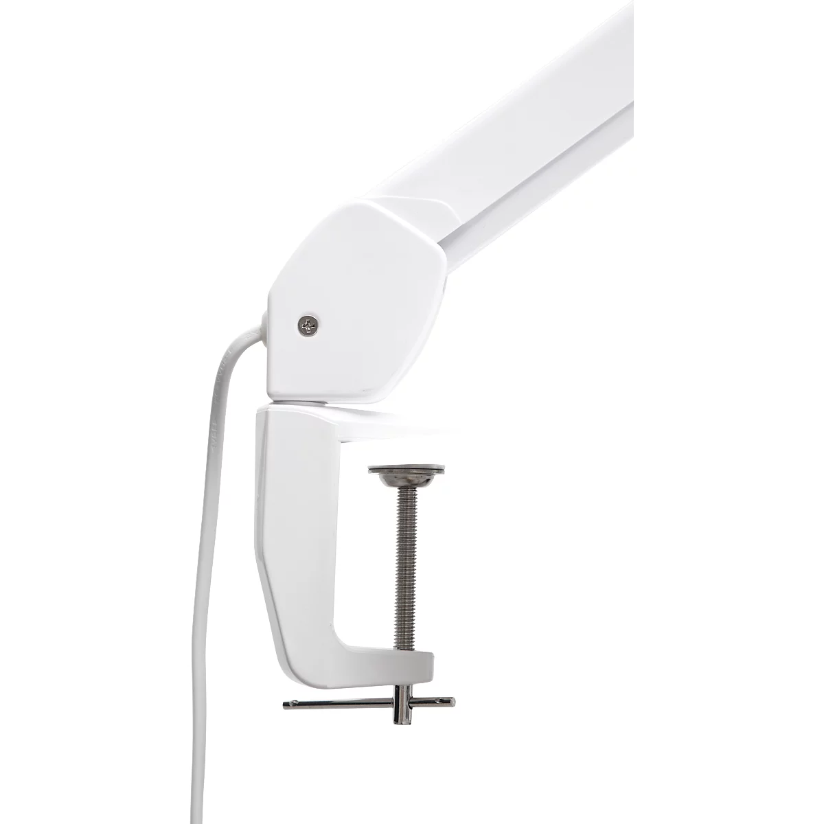 Weiße Schreibtischklemme mit Schraubgewinde, Halterung und Kabel vor weißem Hintergrund.
