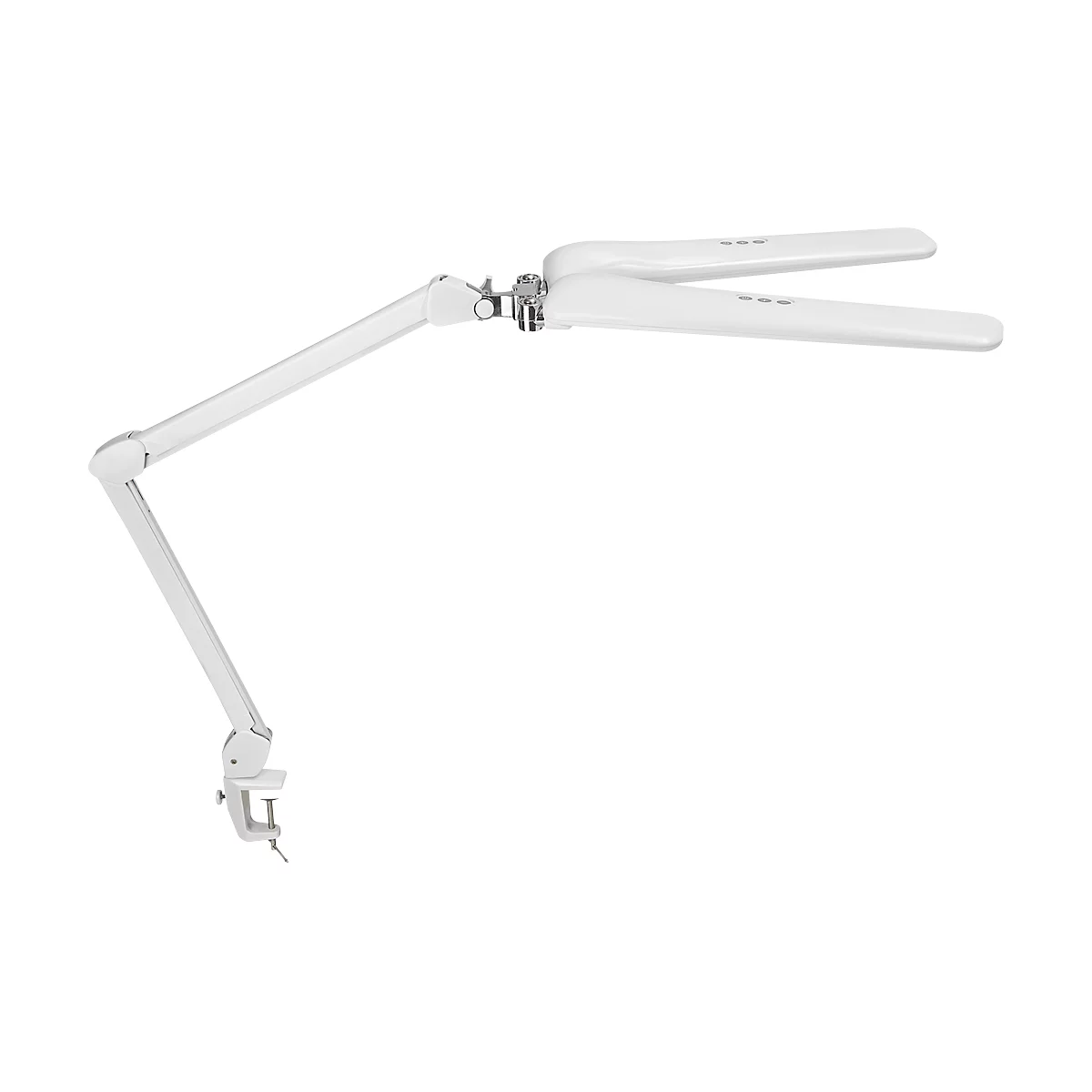 Weiße Schreibtischlampe mit schwenkbarem Arm und zwei Leuchtflächen, an einer Klemme befestigt.