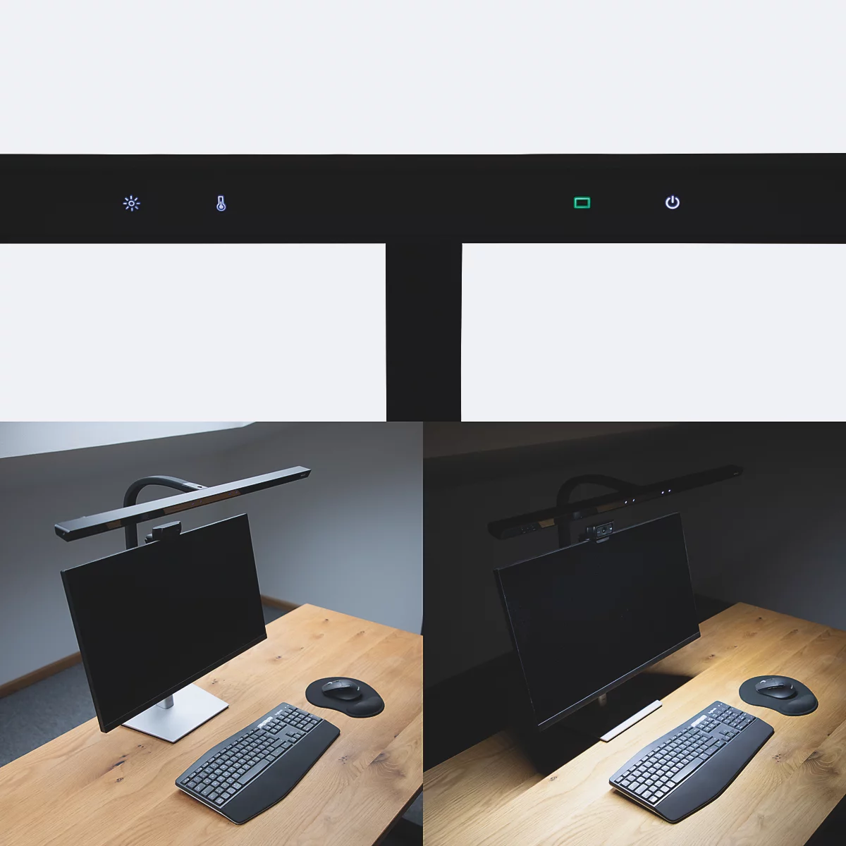 Bureaulamp, antraciet, met klemvoet, gebogen arm en rechthoekige lampkop. Kabel omlaag.