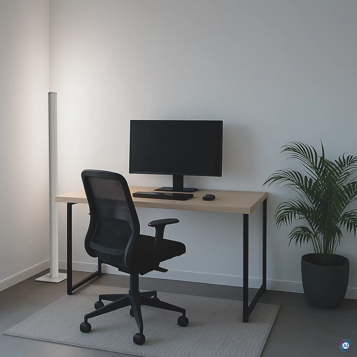 Ein Büro mit Tisch, Stuhl, Computer und Pflanze. Alles vor einer weißen Wand.