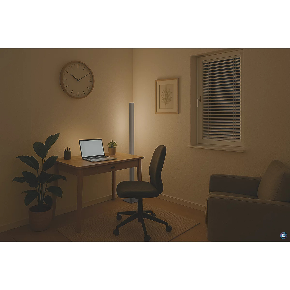 Ein Arbeitszimmer mit einem Schreibtisch, Laptop, Uhr und einer Stehlampe. Ein Sessel steht am Fenster.
