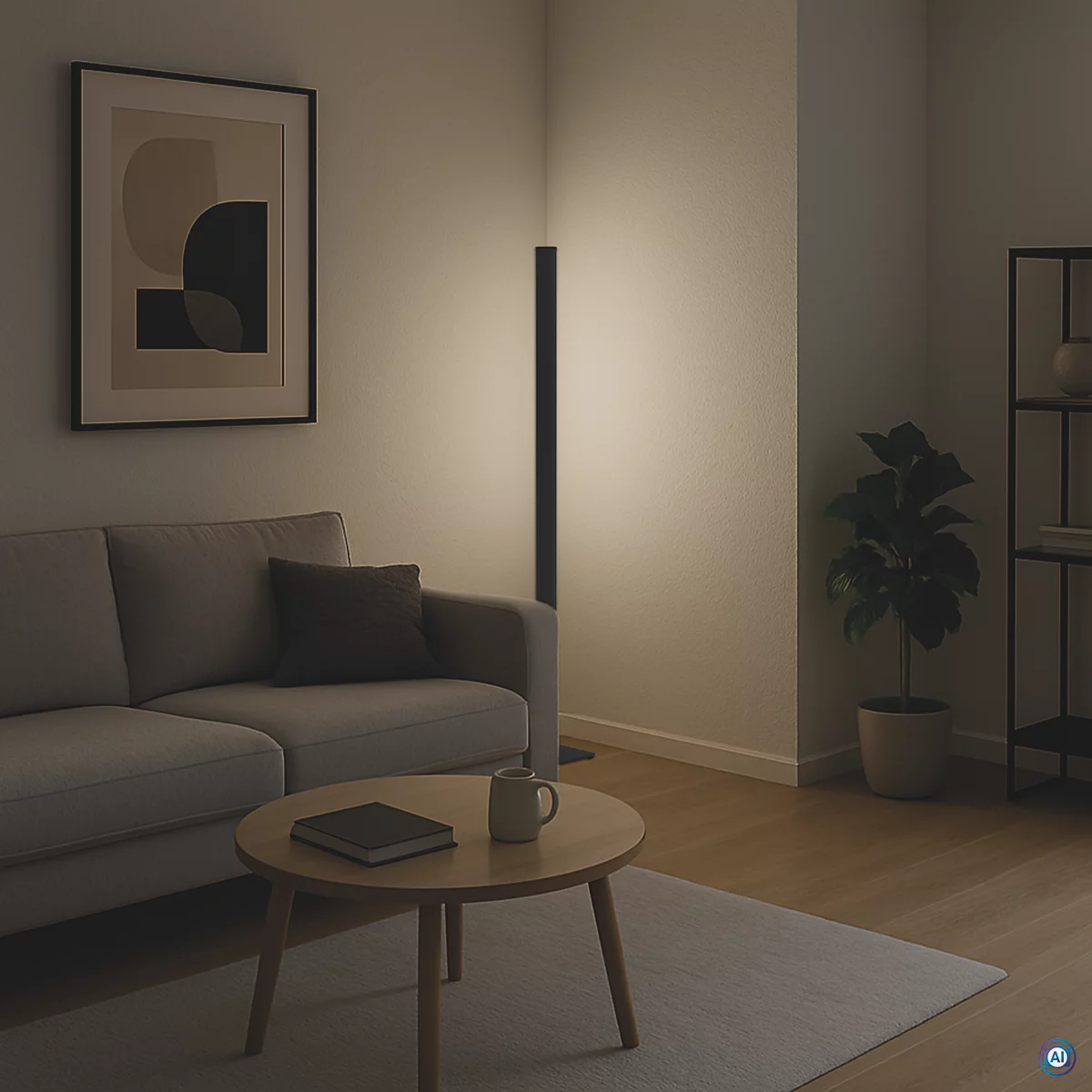 Wohnzimmer mit Sofa, Couchtisch, Stehlampe und Pflanzen. Abstraktes Bild an der Wand.