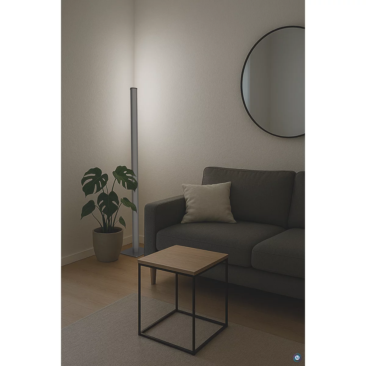 Minimalistisch eingerichtetes Wohnzimmer mit Sofa, Tisch, Lampe, Pflanze und Spiegel.