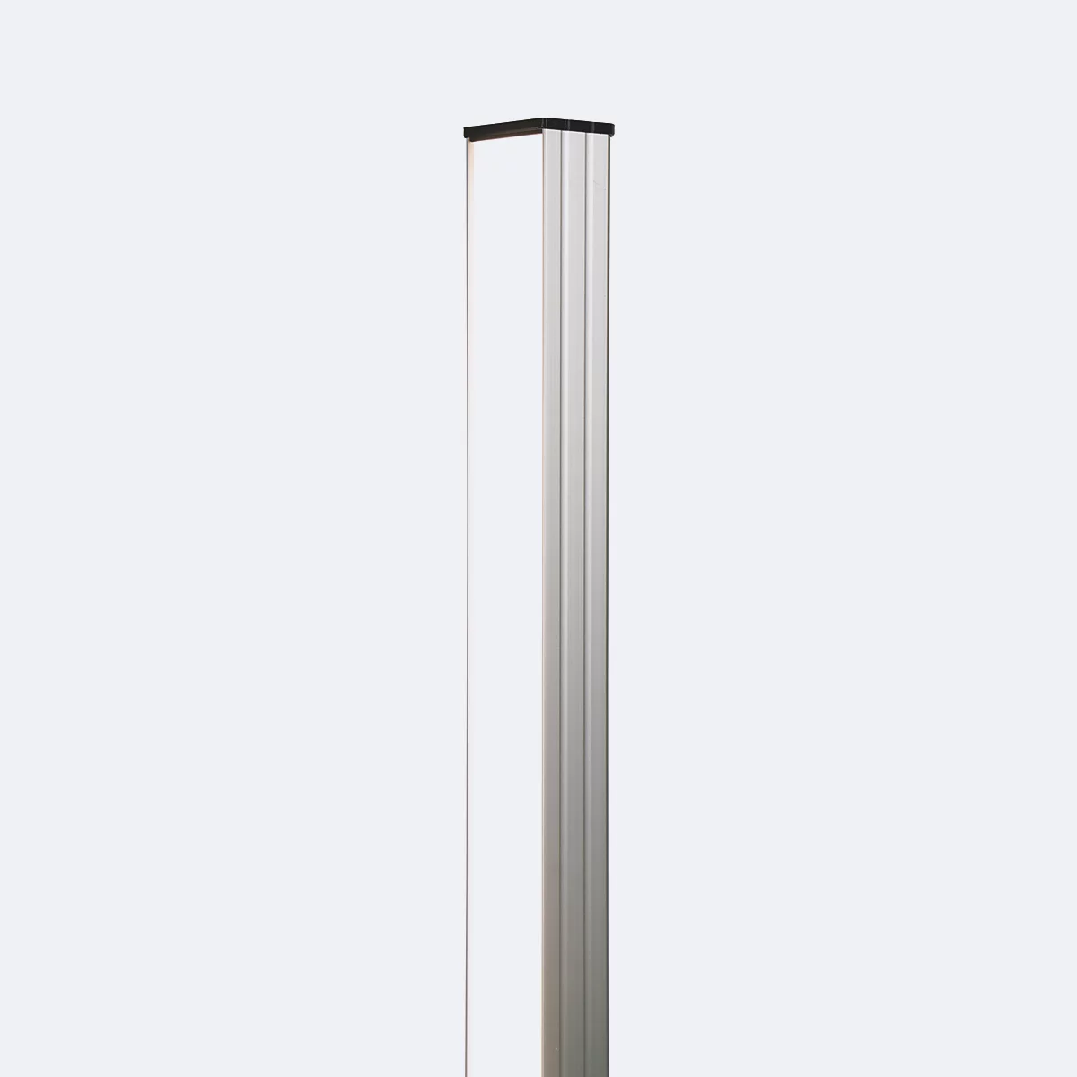 Eine schlanke, silberfarbene Säule mit schwarzer Abdeckung. Sie steht vor einem hellgrauen Hintergrund.
